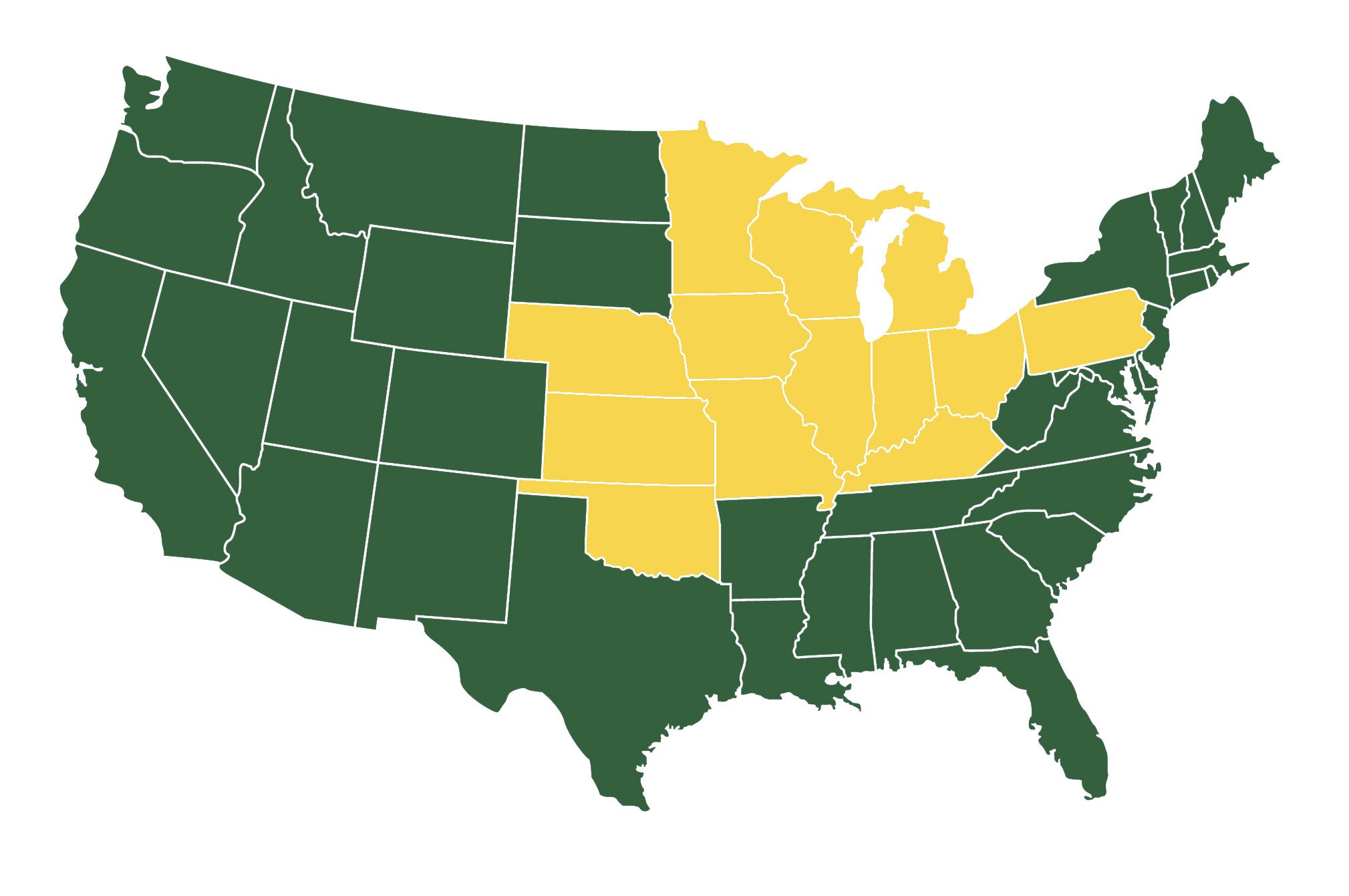 United States Service Map: States highlighted for service are Indiana, Illinois, Kentucky, Michigan, Ohio, Pennsylvania, Minnesota, Wisconsin, Missouri, Iowa, Nebraska, Kansas, and Oklahoma